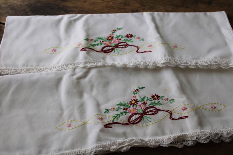 photo of lot vintage poly blend pillowcases w/ embroidery or crochet lace edgings, boho cottage bedding  #10