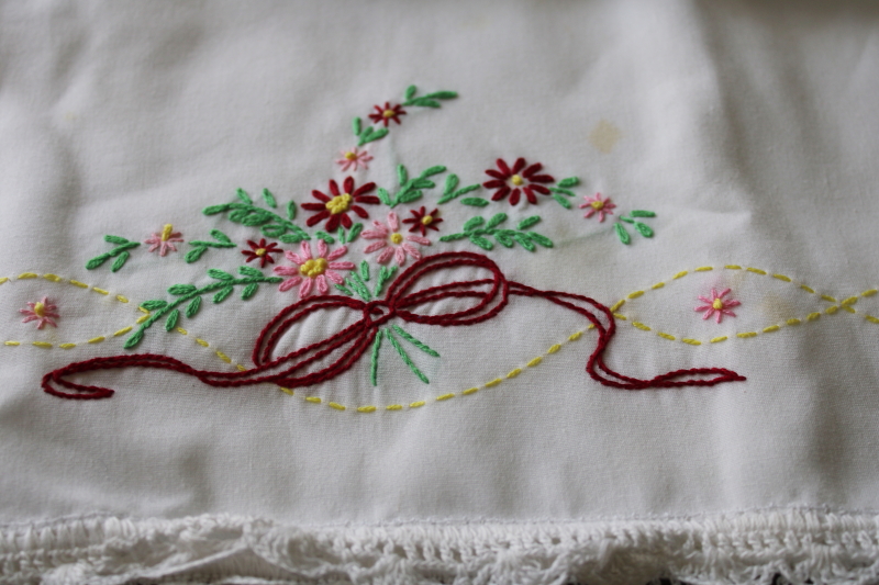 photo of lot vintage poly blend pillowcases w/ embroidery or crochet lace edgings, boho cottage bedding  #11