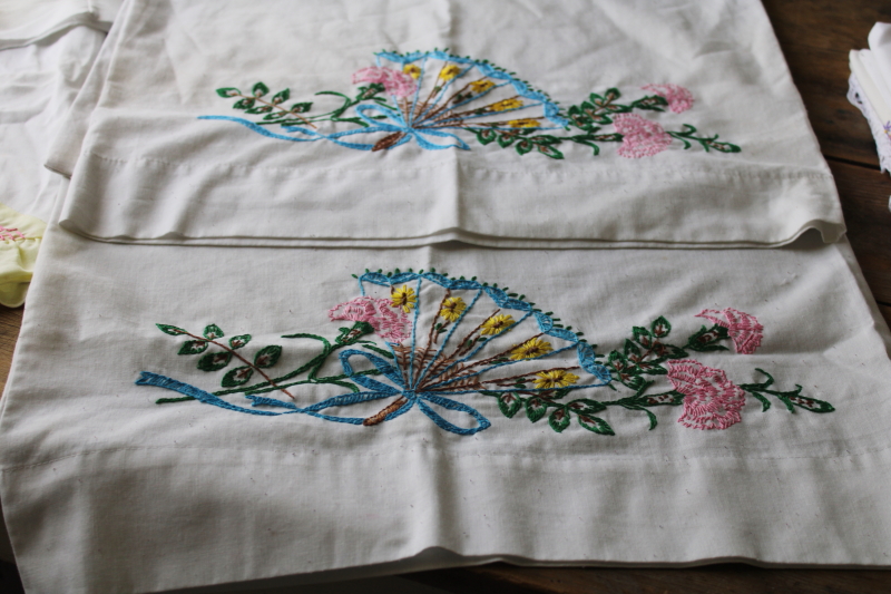 photo of lot vintage poly blend pillowcases w/ embroidery or crochet lace edgings, boho cottage bedding  #15