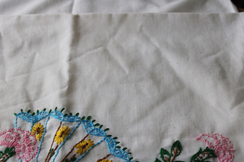 photo of lot vintage poly blend pillowcases w/ embroidery or crochet lace edgings, boho cottage bedding  #16