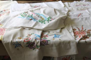 catalog photo of lot vintage poly blend pillowcases w/ embroidery or crochet lace edgings, boho cottage bedding 