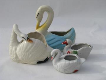 catalog photo of lot vintage pottery flower / ivy planters, figural swans, large & small