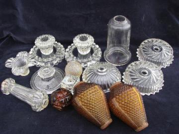 catalog photo of lot vintage pressed glass light parts, lamp bodies, bases