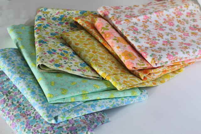 photo of lot vintage print cotton and blend fabric, rainbow of neon florals, 70s 80s 90s #1