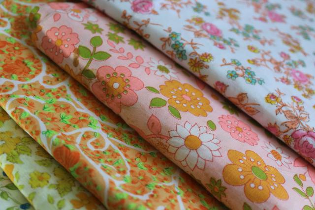 photo of lot vintage print cotton and blend fabric, rainbow of neon florals, 70s 80s 90s #2