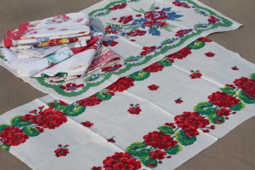 catalog photo of lot vintage print cotton kitchen linens, fruit & flowers tea towels & tablecloth