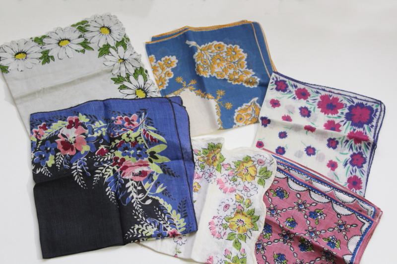 photo of lot vintage printed cotton hankies, flowered prints in darker colors, fall flowers #1