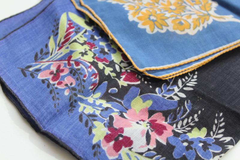 photo of lot vintage printed cotton hankies, flowered prints in darker colors, fall flowers #5