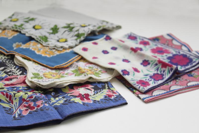 photo of lot vintage printed cotton hankies, flowered prints in darker colors, fall flowers #6