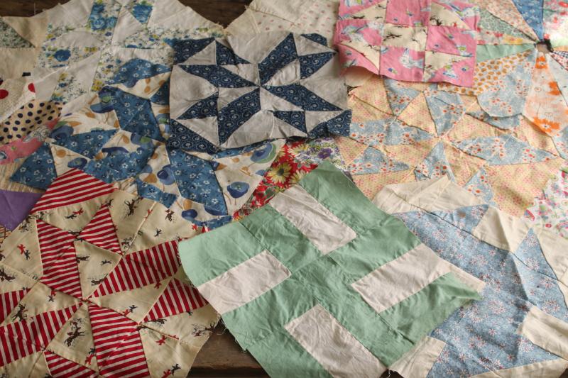 photo of lot vintage quilt blocks, craft & upcycle sewing fabric mismatched patchwork patterns #1