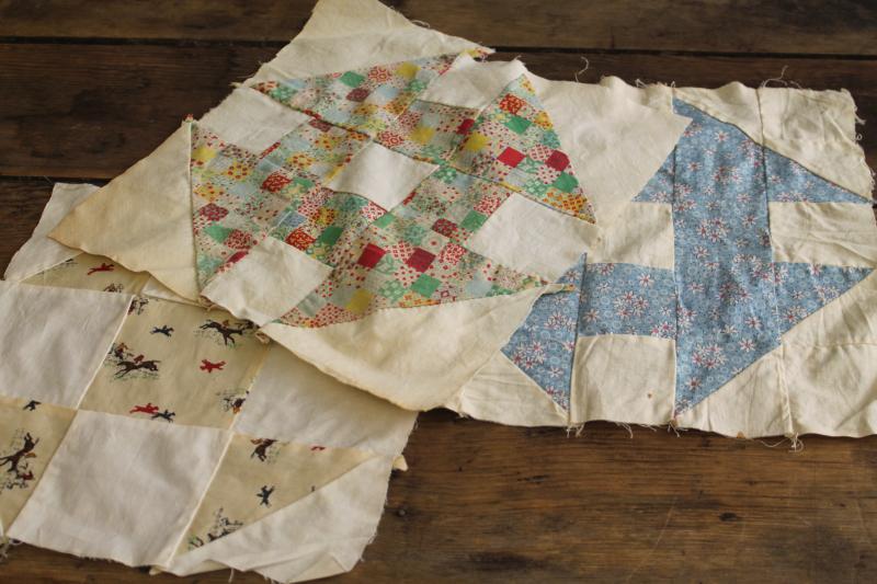 photo of lot vintage quilt blocks, craft & upcycle sewing fabric mismatched patchwork patterns #4