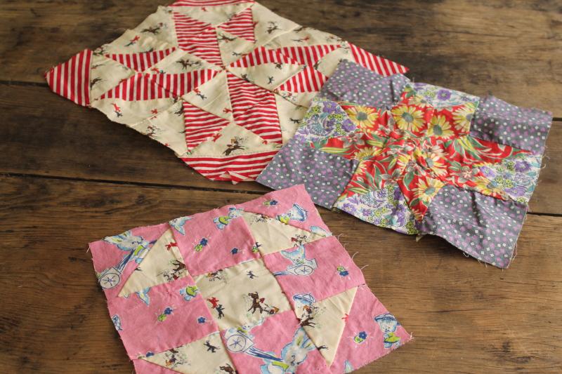 photo of lot vintage quilt blocks, craft & upcycle sewing fabric mismatched patchwork patterns #6