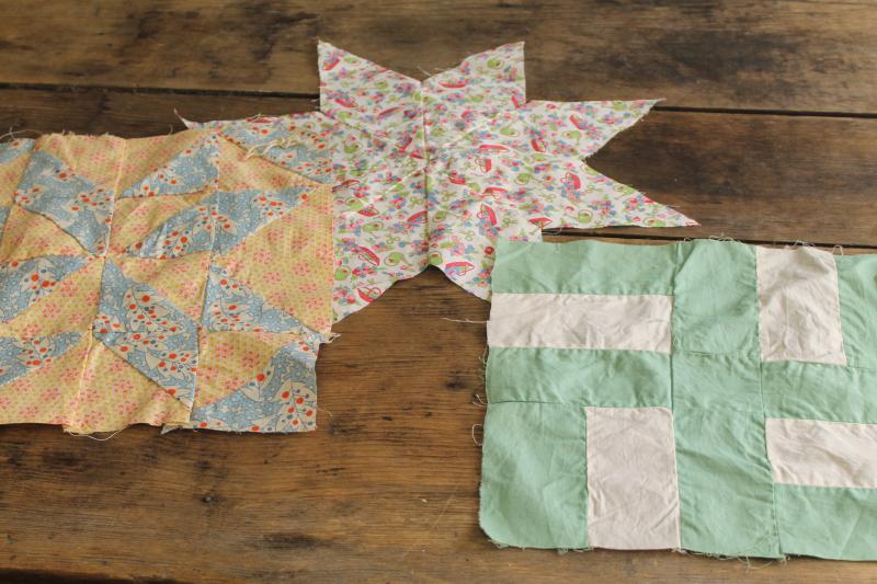 photo of lot vintage quilt blocks, craft & upcycle sewing fabric mismatched patchwork patterns #14