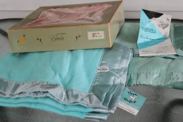 catalog photo of lot vintage rayon & cotton blend baby blankets, never used w/ original labels, candy pastel colors