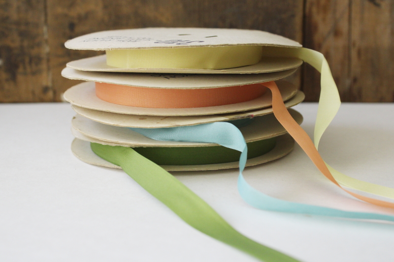 photo of lot vintage rayon ribbon seam binding tape sewing trim, 100 yard rolls olive green, peach, blue, yellow #3