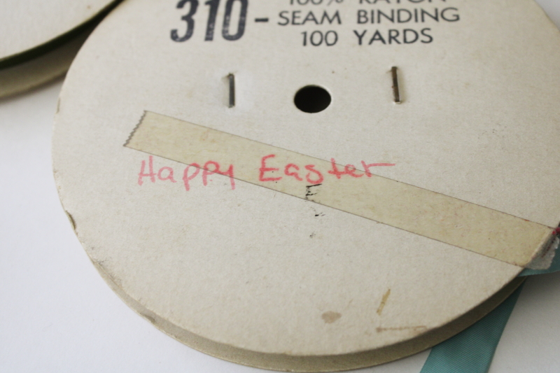 photo of lot vintage rayon ribbon seam binding tape sewing trim, 100 yard rolls olive green, peach, blue, yellow #5