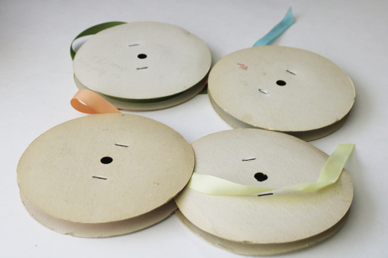 photo of lot vintage rayon ribbon seam binding tape sewing trim, 100 yard rolls olive green, peach, blue, yellow #6