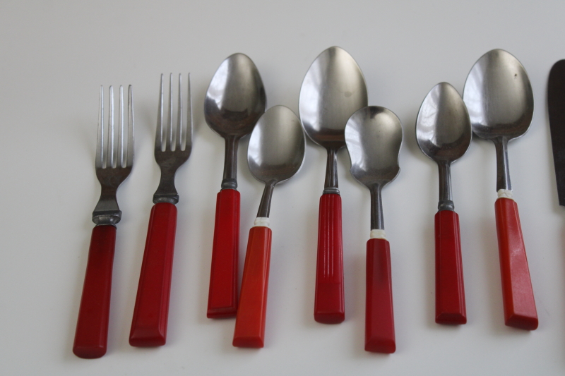 photo of lot vintage red bakelite knives, forks, spoons mismatched pieces instant collection #2