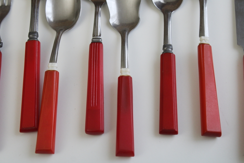 photo of lot vintage red bakelite knives, forks, spoons mismatched pieces instant collection #3