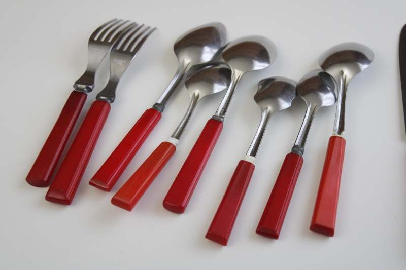 photo of lot vintage red bakelite knives, forks, spoons mismatched pieces instant collection #4