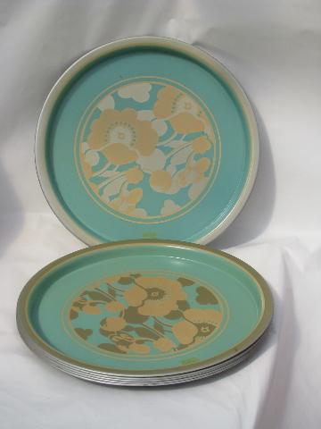 photo of lot vintage round metal trays, flower print, aqua blue green gray florals #1