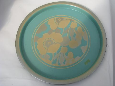 photo of lot vintage round metal trays, flower print, aqua blue green gray florals #2