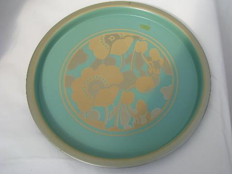 photo of lot vintage round metal trays, flower print, aqua blue green gray florals #3