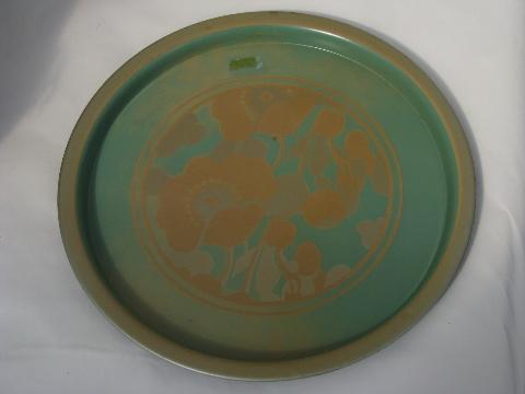 photo of lot vintage round metal trays, flower print, aqua blue green gray florals #4