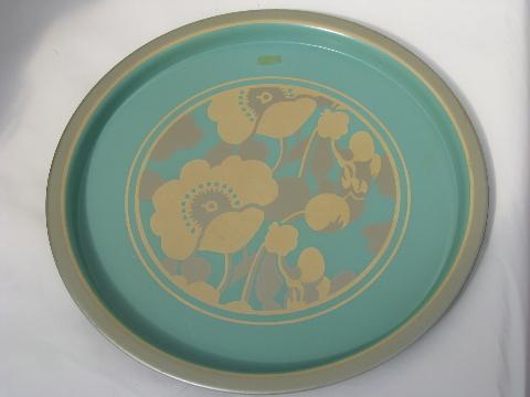 photo of lot vintage round metal trays, flower print, aqua blue green gray florals #5