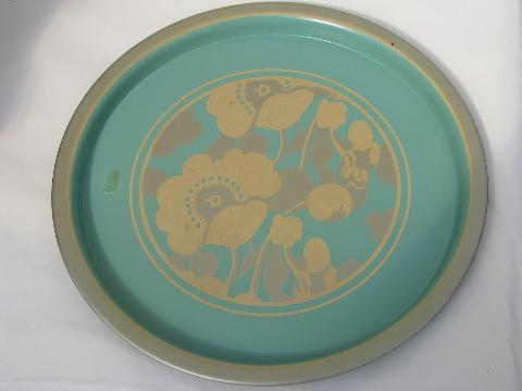 photo of lot vintage round metal trays, flower print, aqua blue green gray florals #6