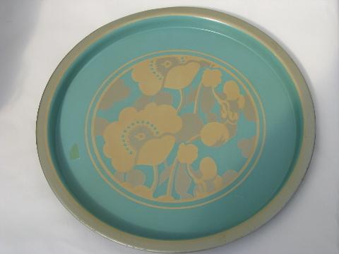 photo of lot vintage round metal trays, flower print, aqua blue green gray florals #7