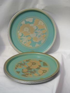 catalog photo of lot vintage round metal trays, flower print, aqua blue green gray florals