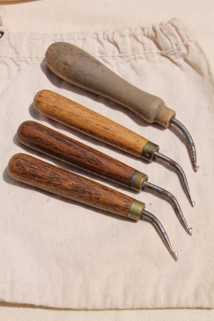 photo of lot vintage rug tools, punch needle hooks, hoop, braided rugmaking tool set #5