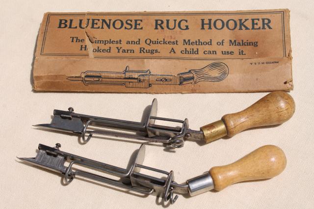 photo of lot vintage rug tools, punch needle hooks, hoop, braided rugmaking tool set #7