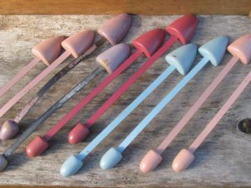 catalog photo of lot vintage shoe stretchers, pretty pastel paint wood and flexible steel