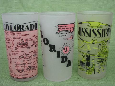 photo of lot vintage souvenir glasses, state maps & landmarks frosted tumblers #2