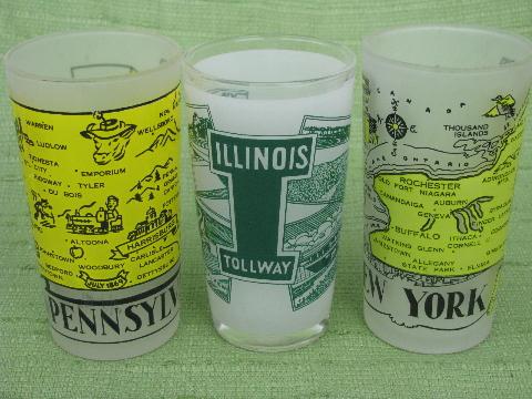 photo of lot vintage souvenir glasses, state maps & landmarks frosted tumblers #3