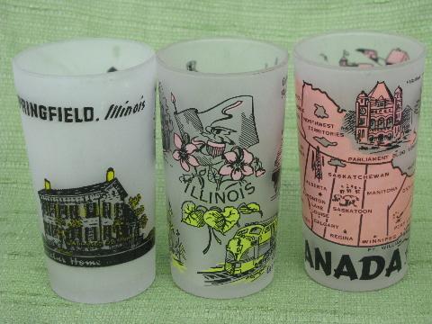 photo of lot vintage souvenir glasses, state maps & landmarks frosted tumblers #4