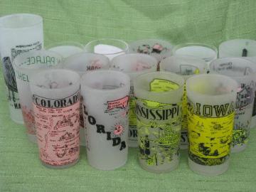 catalog photo of lot vintage souvenir glasses, state maps & landmarks frosted tumblers