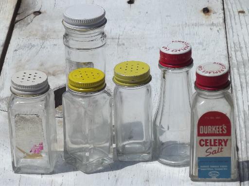 photo of lot vintage spice jars and small kitchen bottles, some w/ metal shaker lids #1