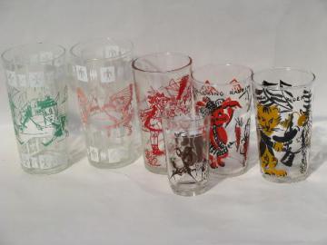 catalog photo of lot vintage swanky swigs jelly glasses, children's novelty prints, cartoons