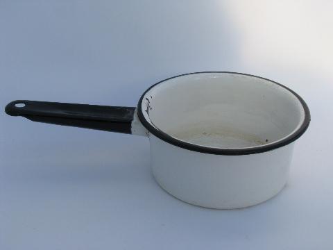 photo of lot vintage white / black band graniteware enamel kitchenware, pots and pans #7