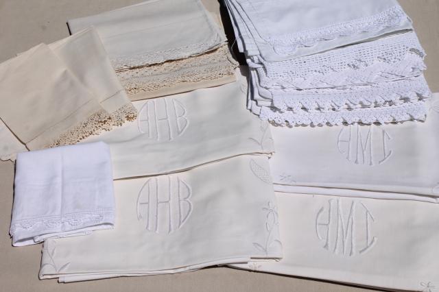 photo of lot vintage white cotton pillow cases & shams w/ embroidered monograms & lace #1