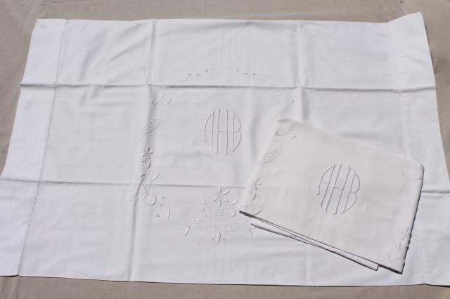 photo of lot vintage white cotton pillow cases & shams w/ embroidered monograms & lace #12