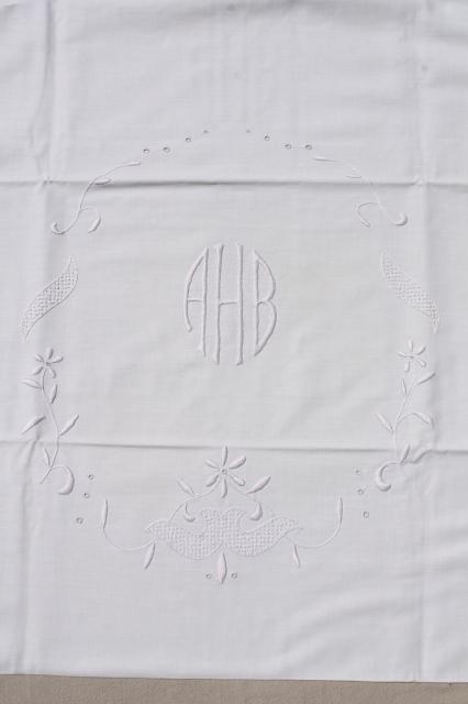 photo of lot vintage white cotton pillow cases & shams w/ embroidered monograms & lace #17