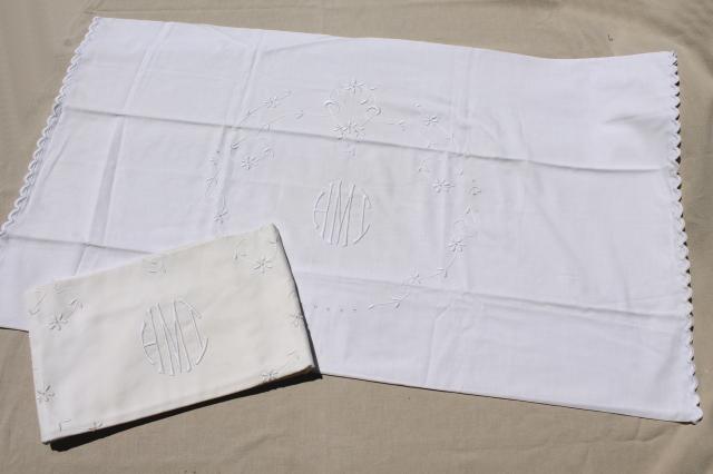 photo of lot vintage white cotton pillow cases & shams w/ embroidered monograms & lace #19