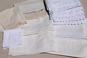 catalog photo of lot vintage white cotton pillow cases & shams w/ embroidered monograms & lace