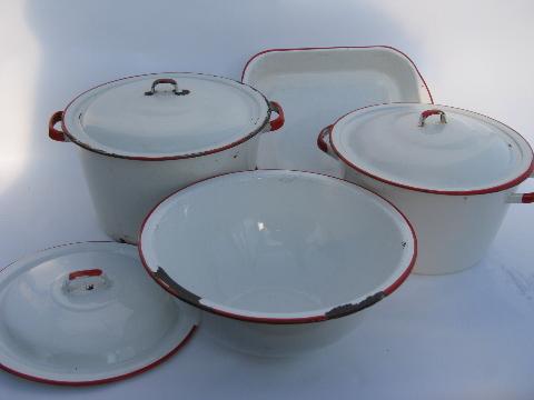 photo of lot vintage white / red band graniteware enamel kitchenware, pots, pans, bowl #1