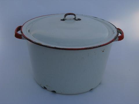 photo of lot vintage white / red band graniteware enamel kitchenware, pots, pans, bowl #3