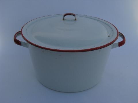 photo of lot vintage white / red band graniteware enamel kitchenware, pots, pans, bowl #7